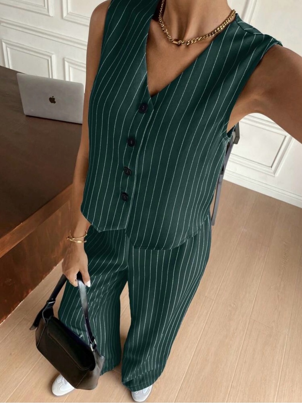 Sleeveless Pinstripe Two Piece in Dark Green